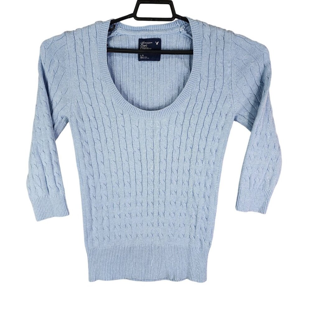 Womens Light Blue American Eagle Outfitters Cable Knit Sweater 3/4 Sleeve Size L